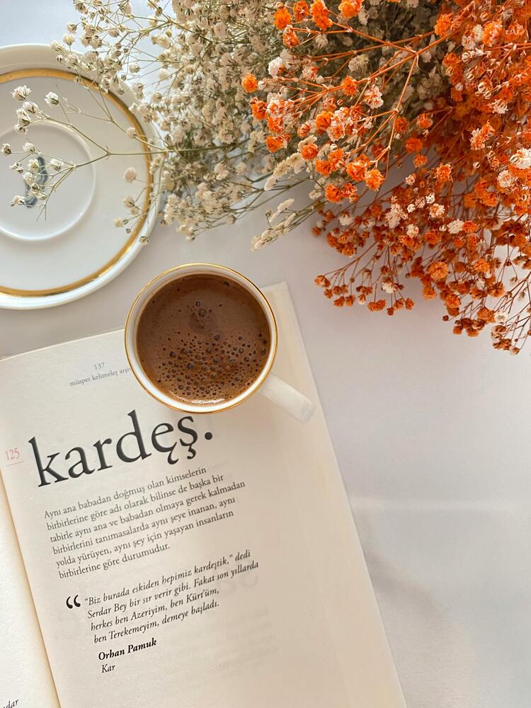 Blog, book, flowers, coffee.